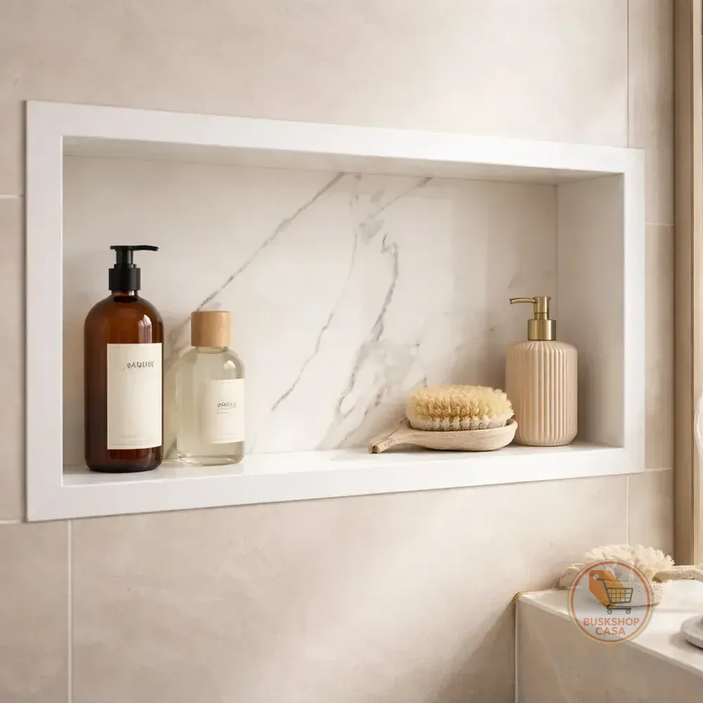 Nicho Porcelanato Banheiro Branco Porta Shampoo 60x30 Carrara Borda Branca