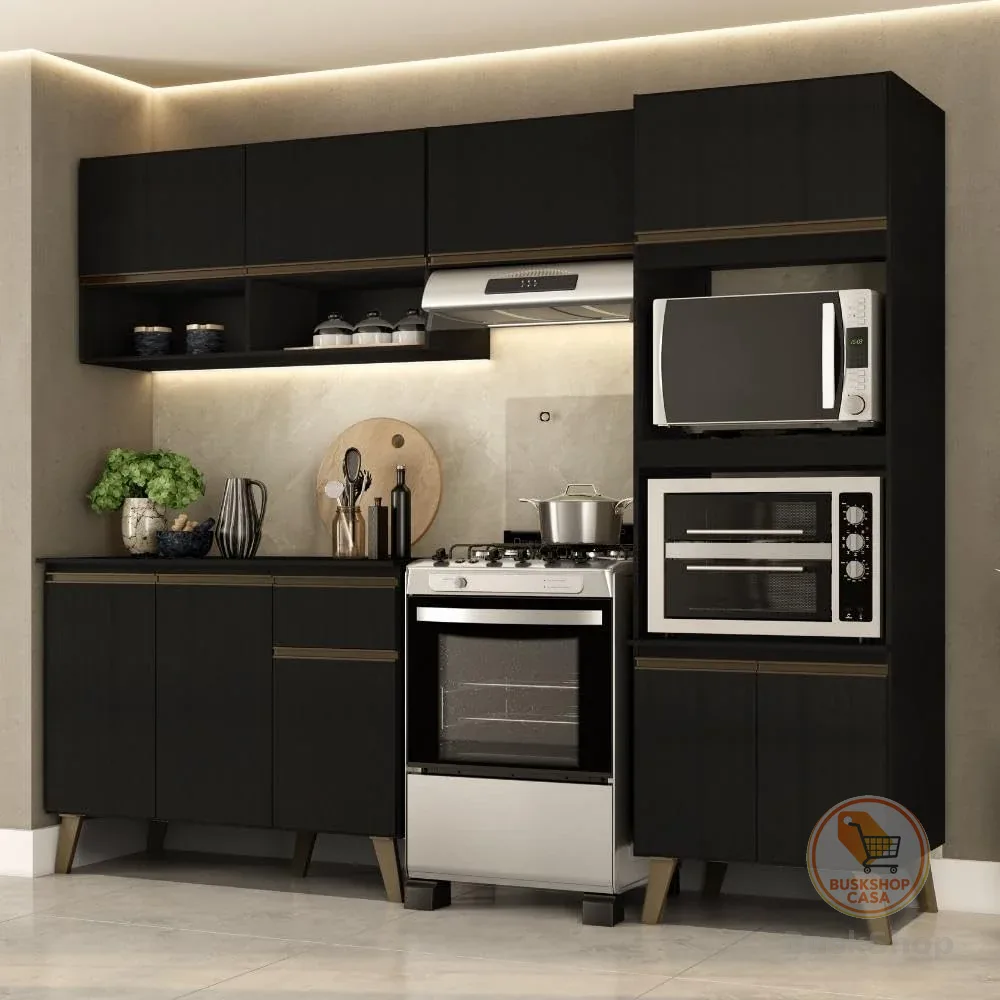 Armário de Cozinha Completa c Balcão Atlanta Essence Carraro Preto Touch