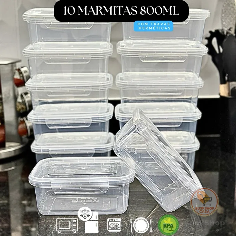 Kit 10 Marmita Potes 800ml com Travas Laterais BPA FREE - Alimentos organizadores de congelador