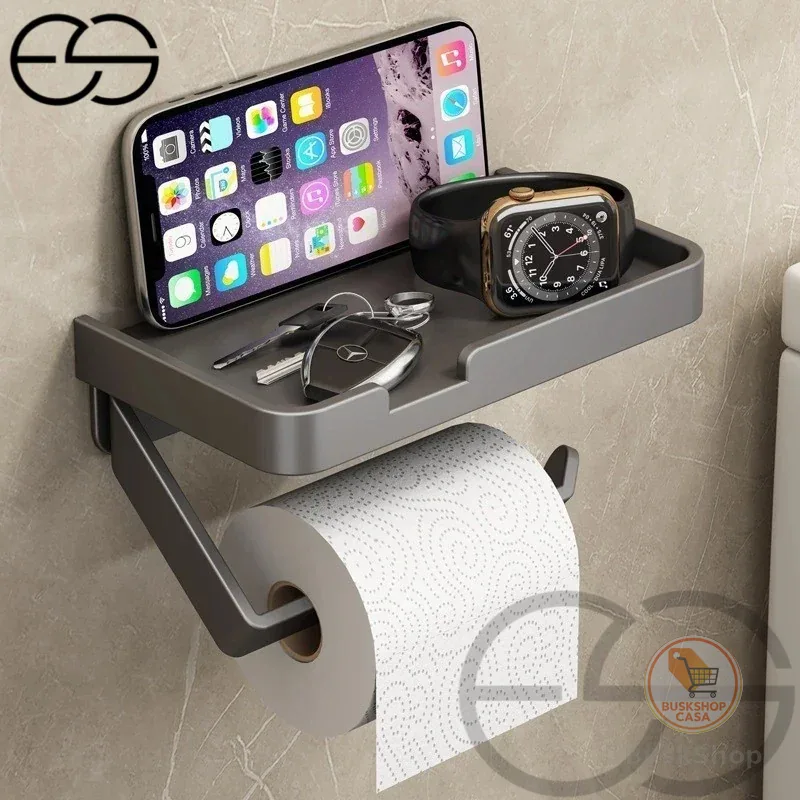 Metal Suporte  Porta Papel Higienico Preto e Suporte para Celular  Com Adesivo  Fixo na Parede Sem Furos ES