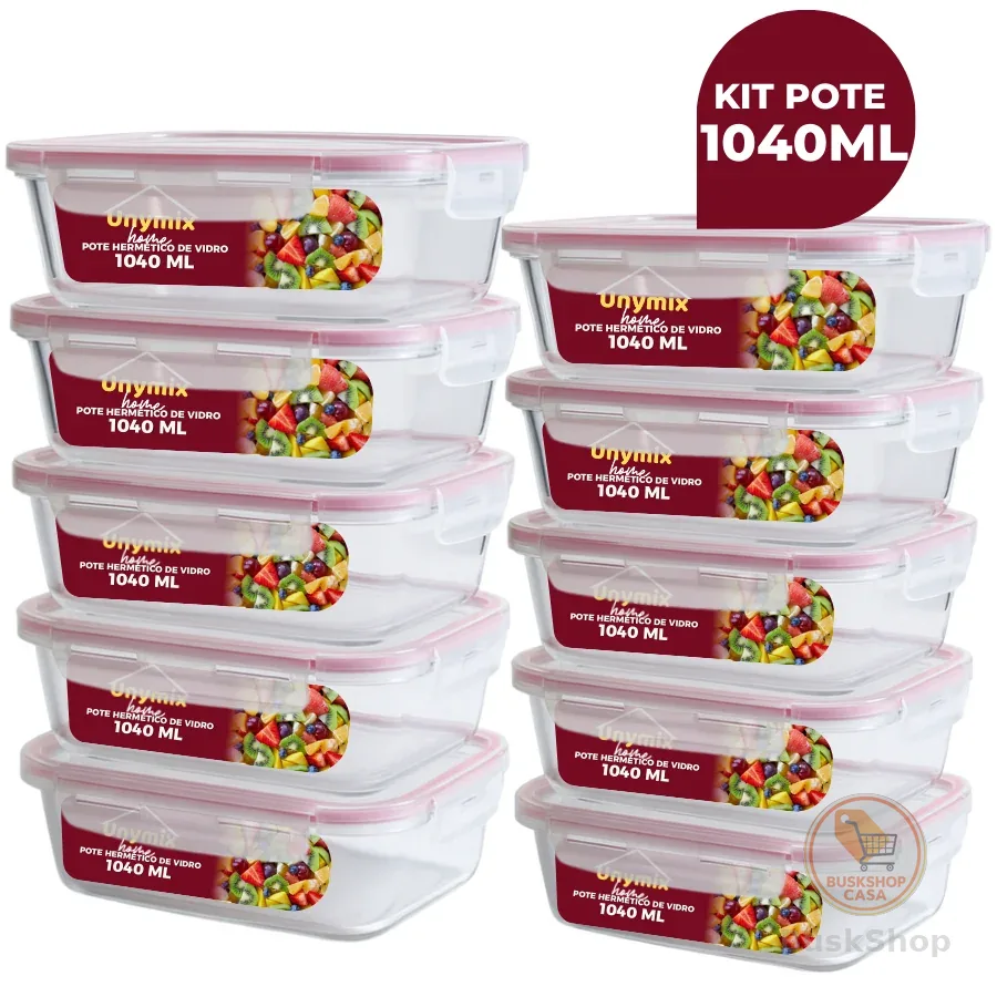 Kit 3/5/10 Potes Vidro Hermético 1040ml Retangular 4 Travas Marmita Premium