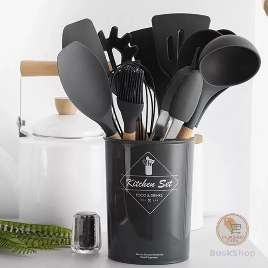 Jogo de Cozinha Kit C/12 Peças de Silicone, Utensílios e Copo Suporte para Cozinha Cabo de Madeira