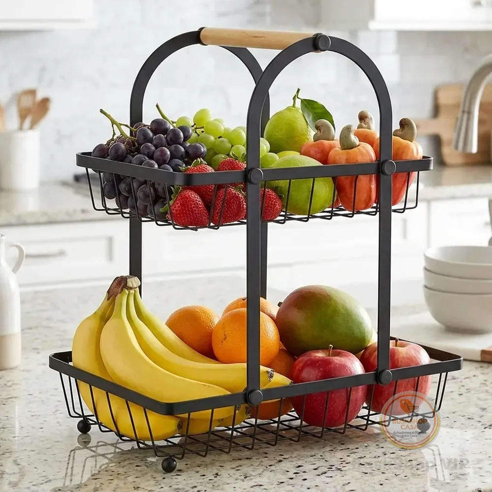 Fruteira De Mesa Cesto 2 Andares Metal Aramado Organizador Preto