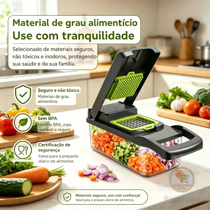Cortador de Legumes Multifuncional 16 em 1 Aço Inoxidável Inclui Recipiente Coletor Ideal para Fatiar Ralar e Cortar