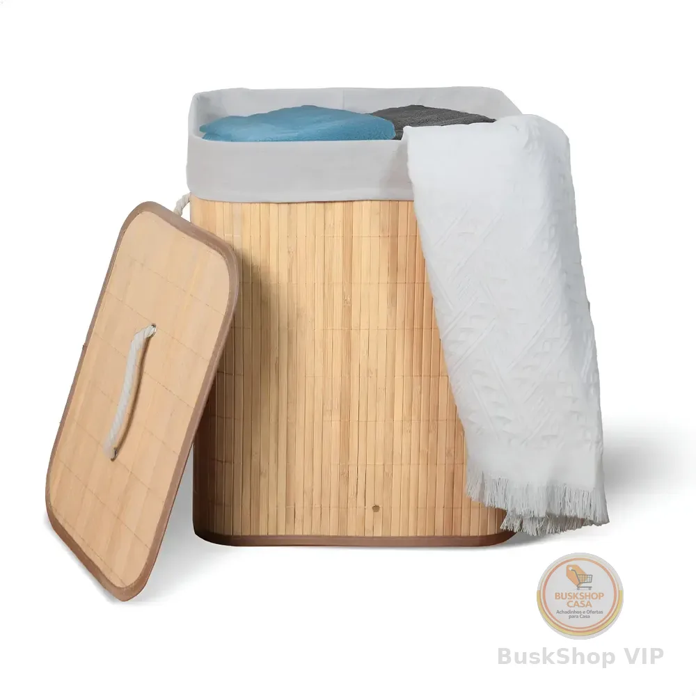 Cesto De Roupa Suja De Bambu Com Tampa E Alças 50 Litros Kontuz Natural