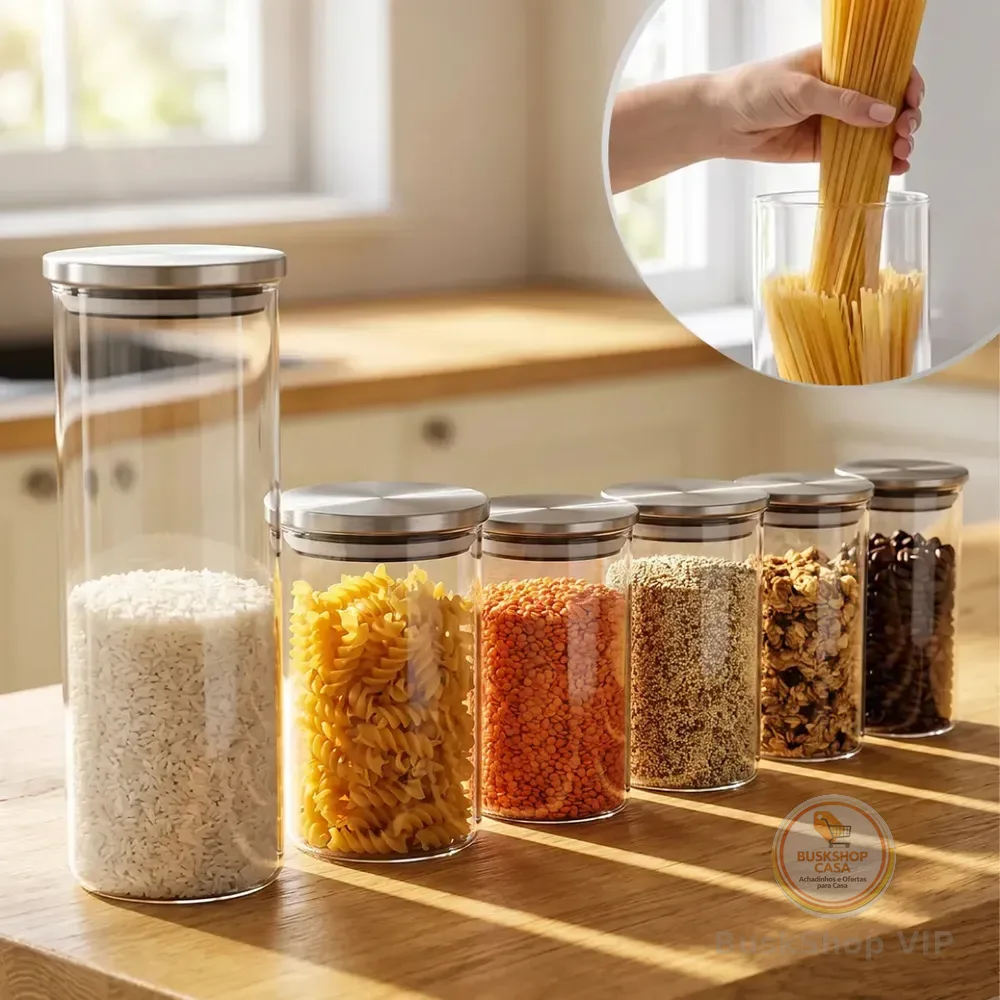 Jogo 6 Potes Herméticos Porta Mantimentos Vidro Tampa Inox Kit Alimentos Cozinha Transparente Sólar