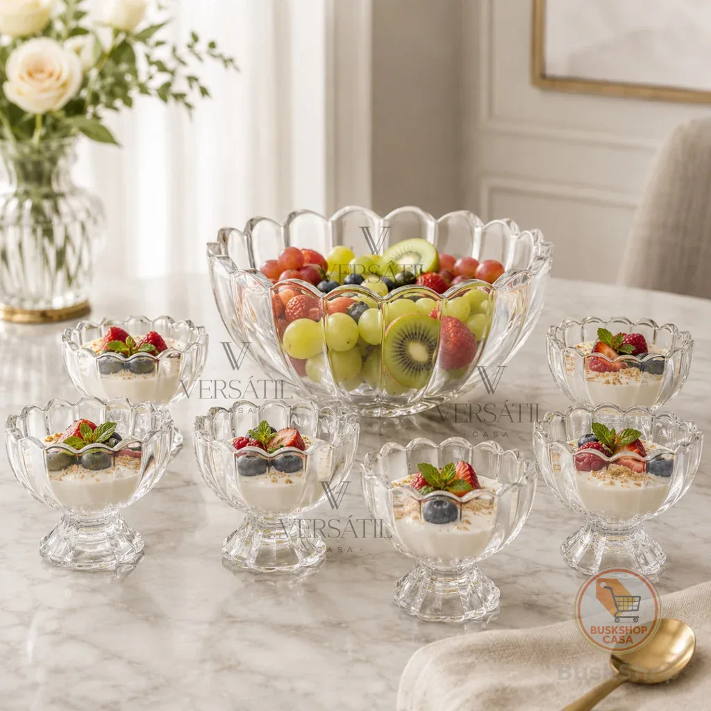 Jogo 7 Peças Wolff Sobremesa 6 Bowls 125ml e 1,1L Mesa Posta Requintada Transparente Luxo Geneva Taças