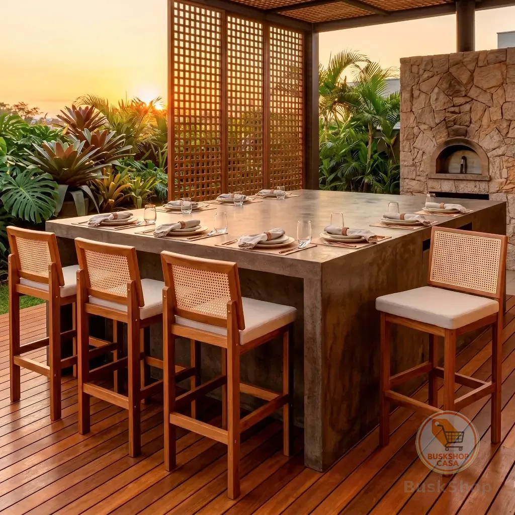 Kit 4 Banquetas Alta Madeira Maciça Encosto Tela Palha Indiana Rattan Cozinha AreaGourmet Cadeira Bancada Balcão America