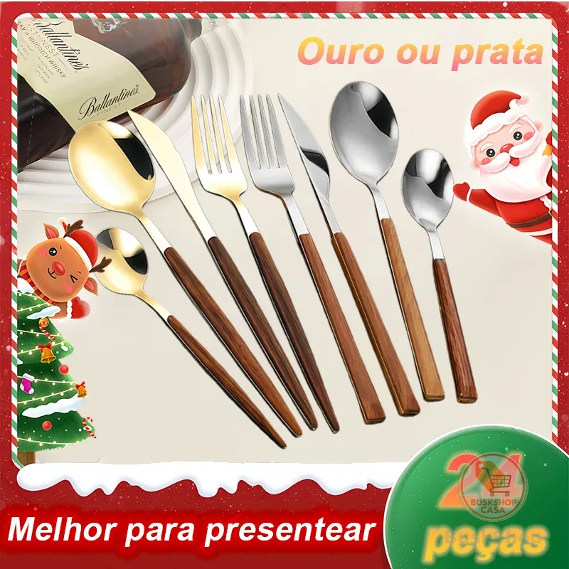 Jogo De Talheres Faqueiro Com 24 Peças Aço Inox,  Alças De Madeira Designer Lindo
