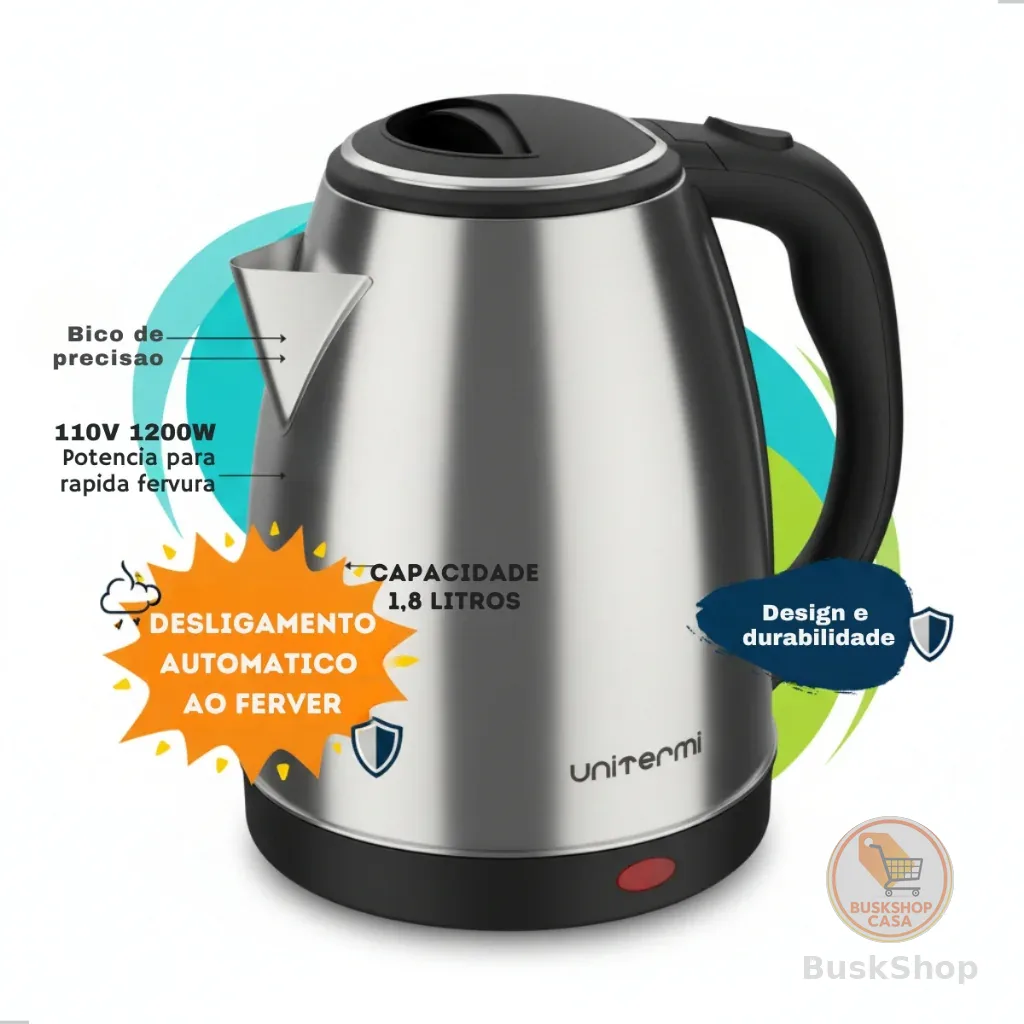 Unitermi Chaleira Elétrica Inox 1.8L - Desligamento Automático - Ferve Rápido Água P/ Café Chá!