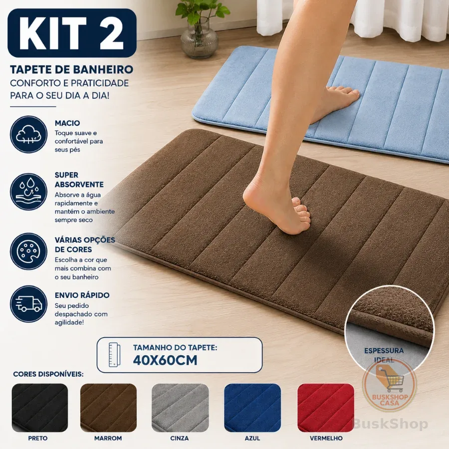 Kit com 2 Tapete Antiderrapante Absorvente Banheiro Quarto Macio Soft Secagem Rapida 60x40