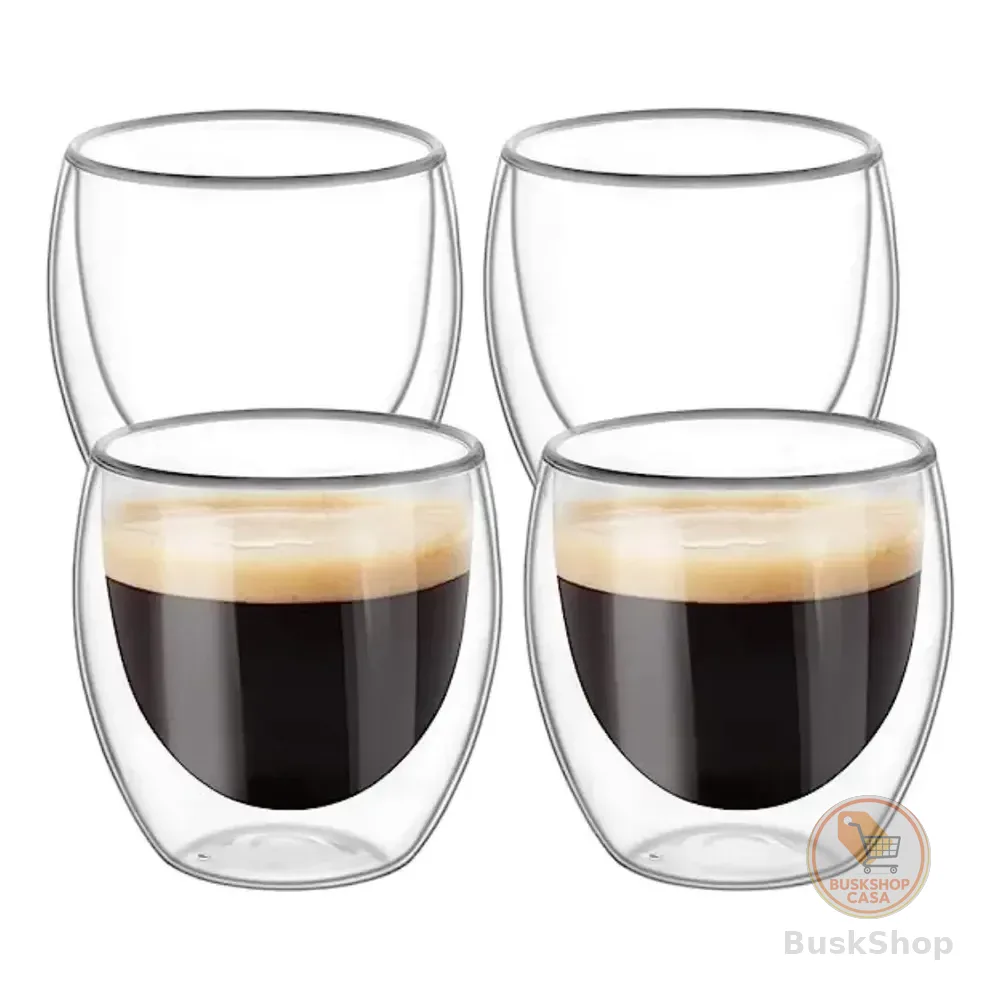 Jogo 4 Copos Dupla Parede De Vidro 250ml Cafés Chás E Sucos Transparente