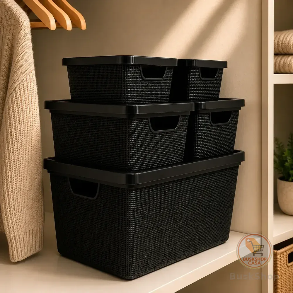 Kit 5 Caixas Organizadoras Cesto Tampa Multiuso 2l 6l 16l Preto
