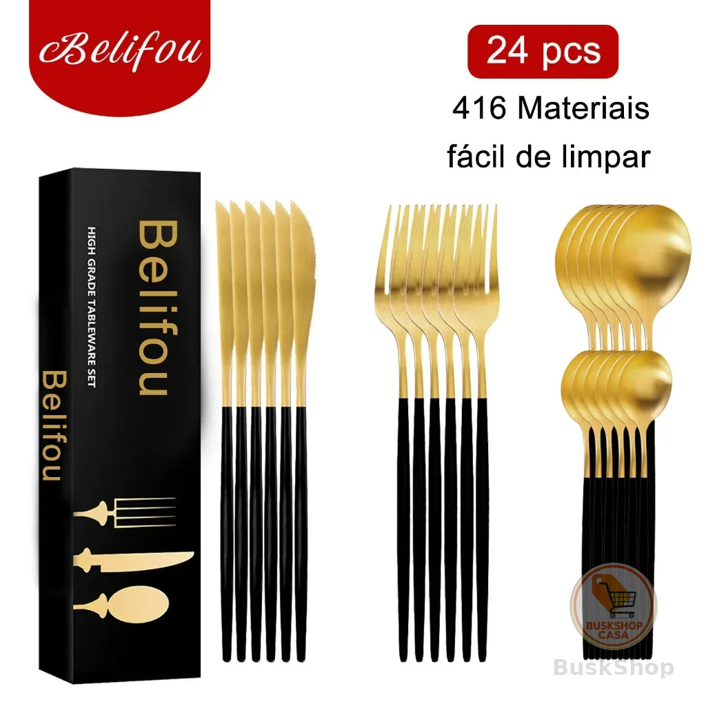 Belifou Kit 24 Jogo De Talheres Aço Inoxidável Preto Dourado