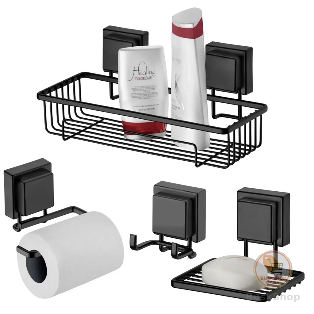 Kit Banheiro 4 Peças Suporte Porta Shampoo Papel Higiênico Saboneteira Gancho Duplo Ventosa Preto Fosco  - Future