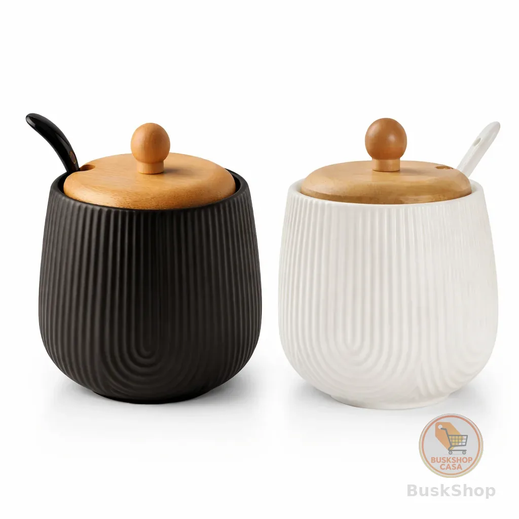 Açucareiro Em Porcelana Com Colher Tampa Bambu 360ml Oásis