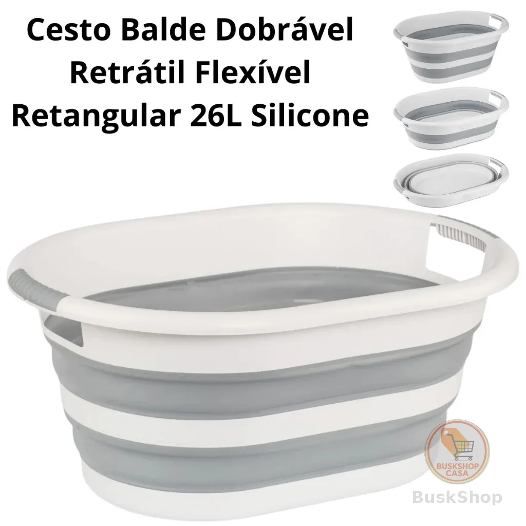 Balde Dobrável Retrátil Flexível Para Limpeza Multiuso Retangular 26L Silicone com Alças Powermaid