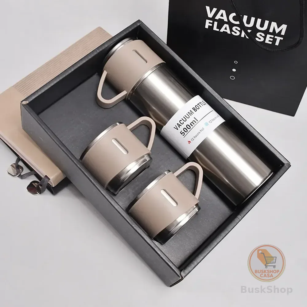 Garrafa Térmica 500ml Com Kit 3 Xícara Café Chá Cor Prata/bege