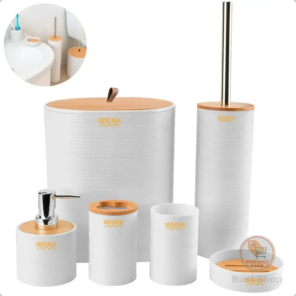 Kit Banheiro Conjunto De Acessórios Moderno Bambu Lixeira Saboneteira Escova Cor Branco Irsina