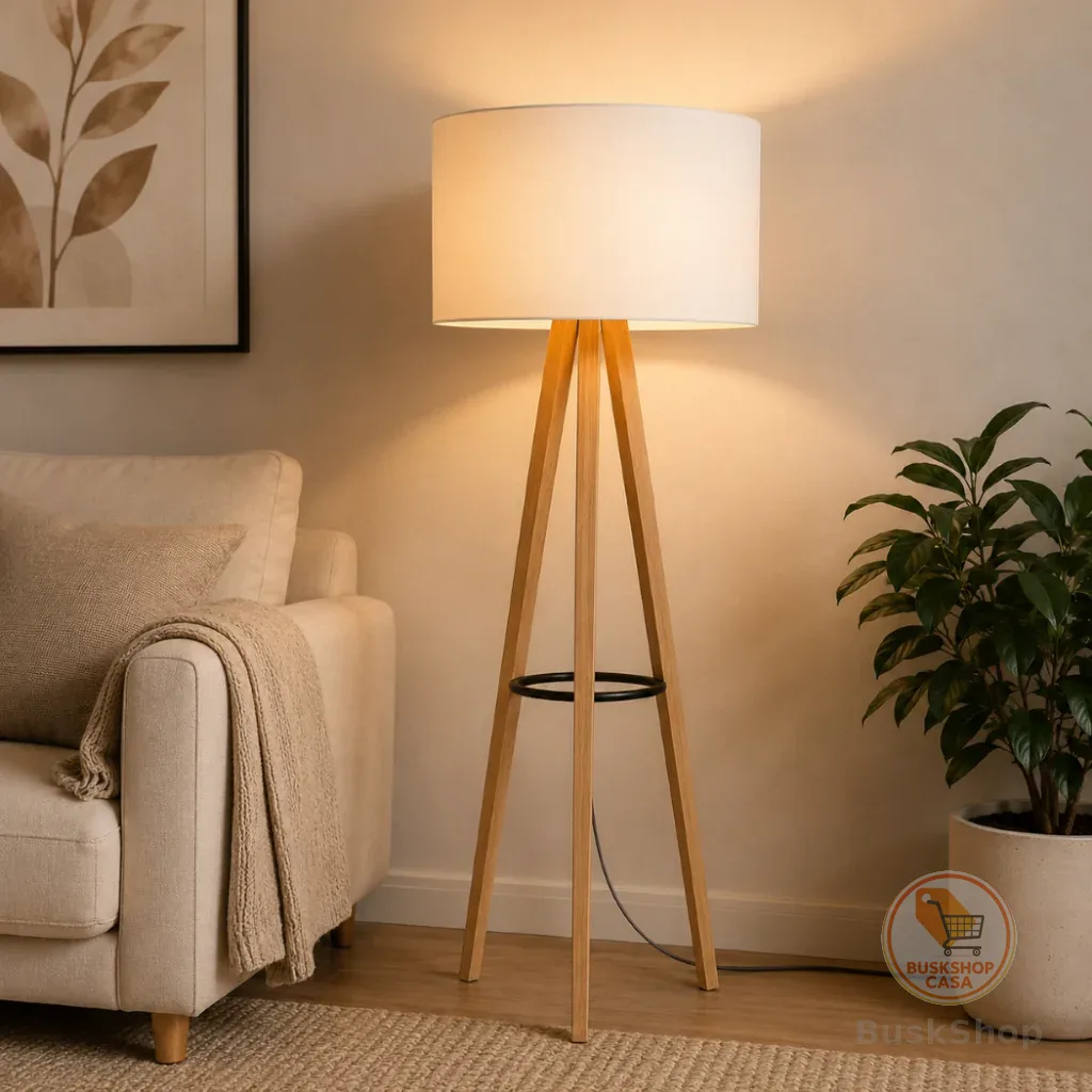 Luminária Alta de Chão Dubai – Design Tripé Madeira com Cúpula Off White