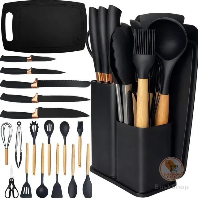 Kit Utensílios Silicone C/ Cabo De Madeira E Facas Em Inox