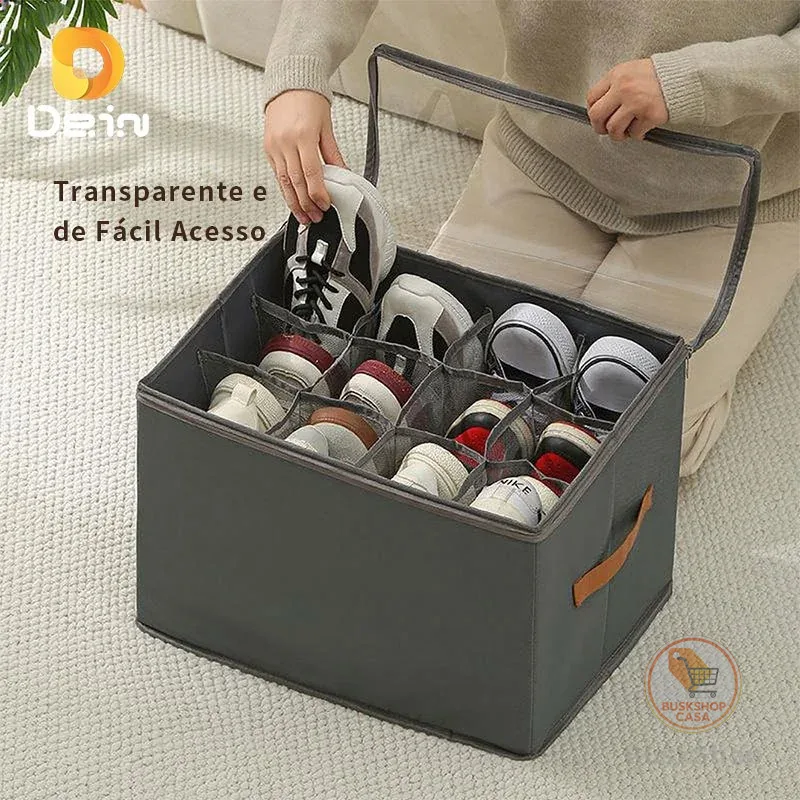 Caixa Organizadora 6 Pares de Sapato 43x32x30cm | Dobrável com Tampa Transparente e Divisórias