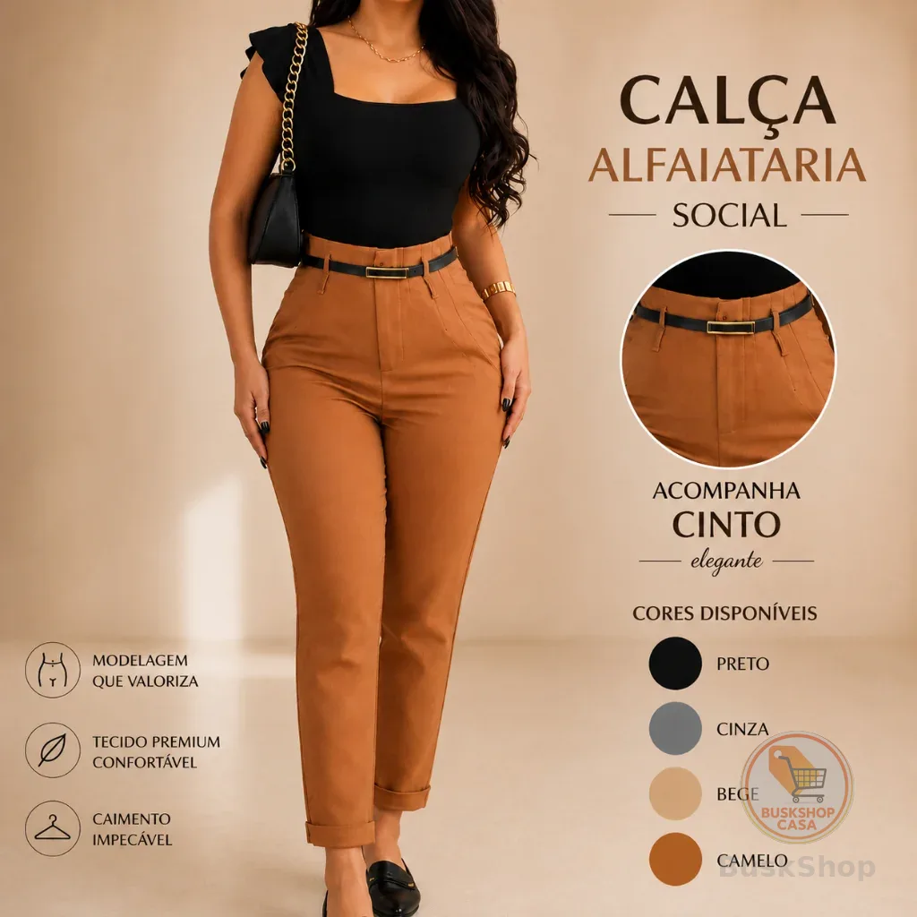 Calça Feminina Social Alfaiataria Com cinto Fivela escritório