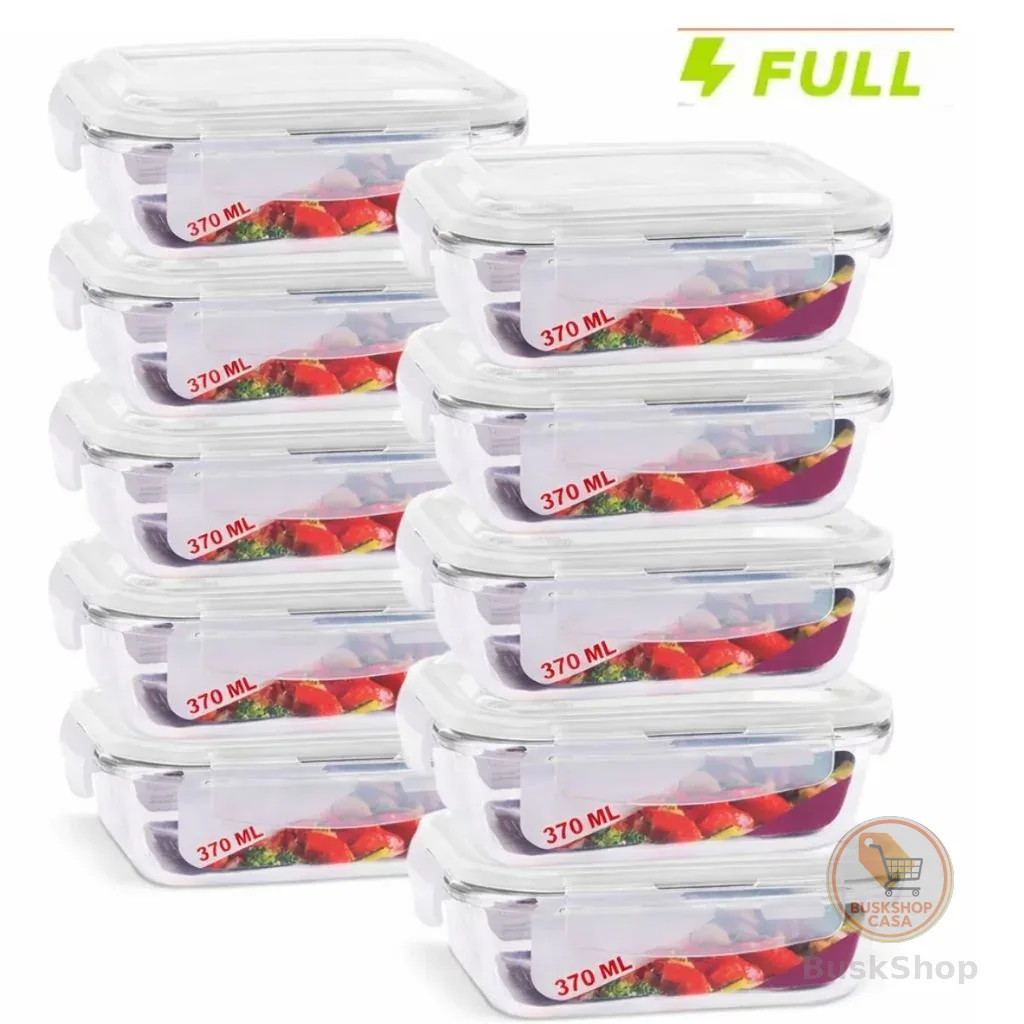 Kit 10 Pote Hermético de Vidro 370ml Marmita Fit Tampa 4 Travas Freezer Microondas Geladeira