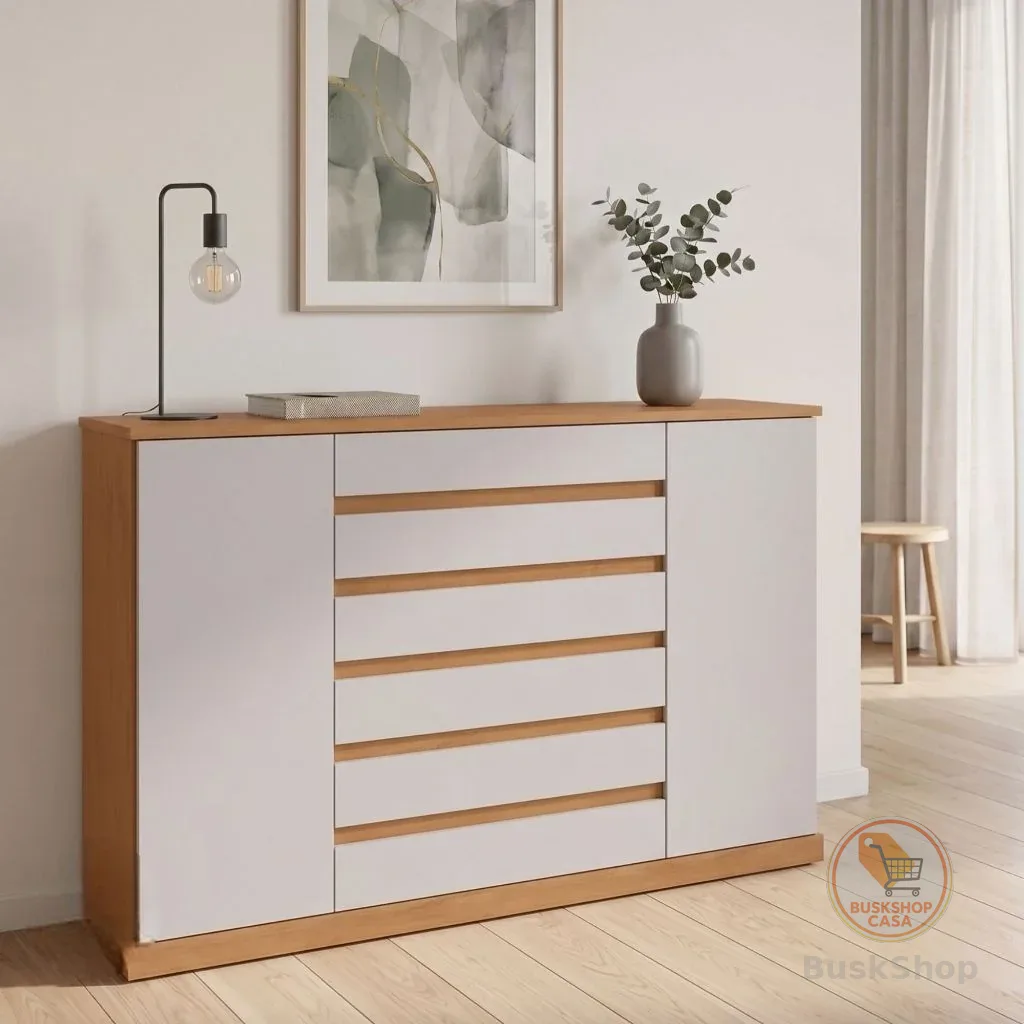Comoda Vedra 7 Gavetas 2 Portas Amendoa Clean/Off White