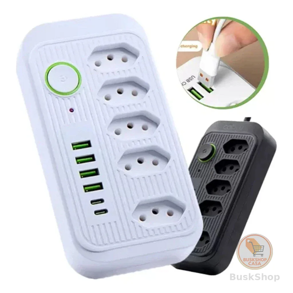 Extensão 5 Tomadas 4 USB 1 TypeC Universal Bivolt 2500W Power 2m Filtro De Linha Segurança