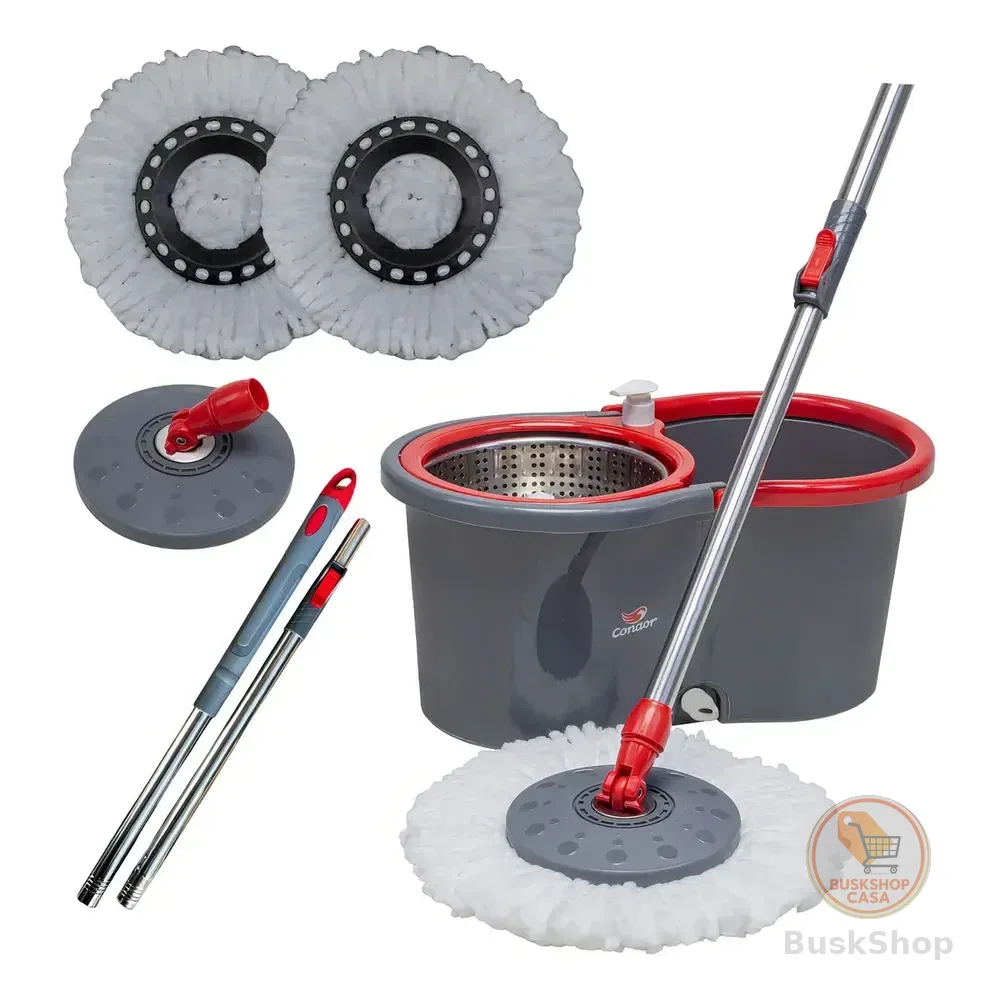 Mop Esfregão Giratório Condor Balde Inox 13 Litros + Refil Microfibra + Cabo Longo 1,4 Metros Cinza