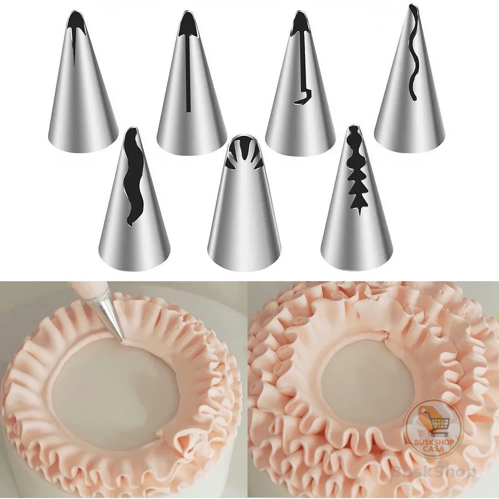 Kit 7 Bicos Confeiteiro Saia Plissada Aço Inox 304 Para Decorar Bolos e Cupcakes Profissional Decoração