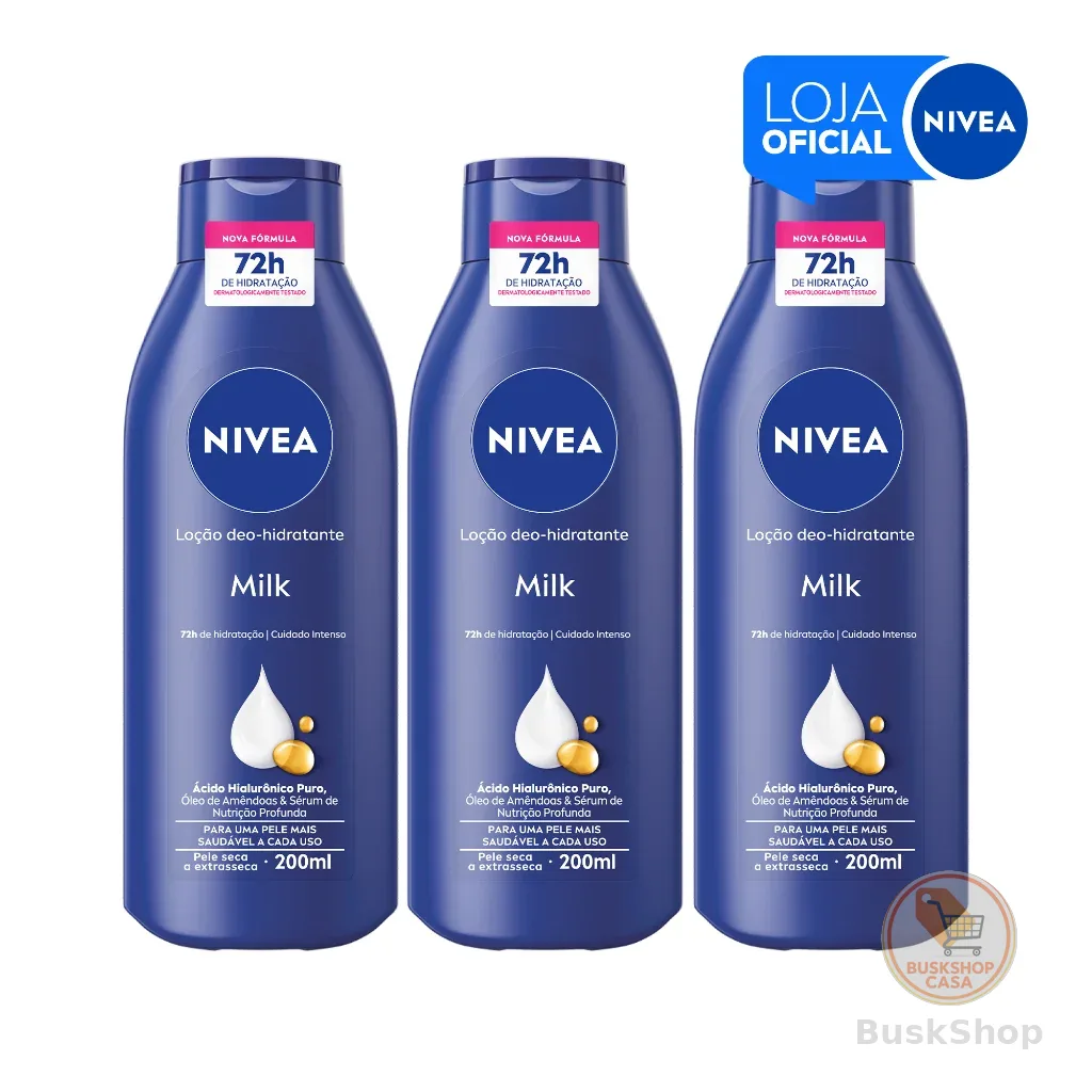 NIVEA Loção Hidratante Milk Pele Seca a Extrasseca 200ml - 3 Unidades