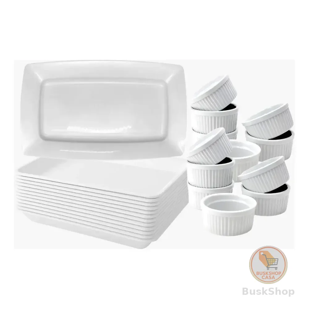 Kit 24 Bandejas Para Espetinho + 24 Ramequin Ramekin Churras Branco