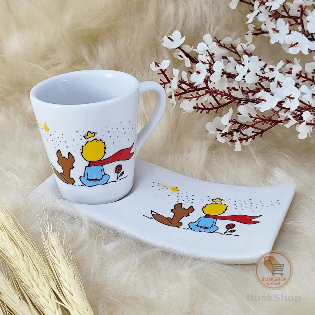 Kit Xícara Caneca Porcelana 120ml Café/Chá + Pires Ondulado Pequeno Príncipe Estrelas