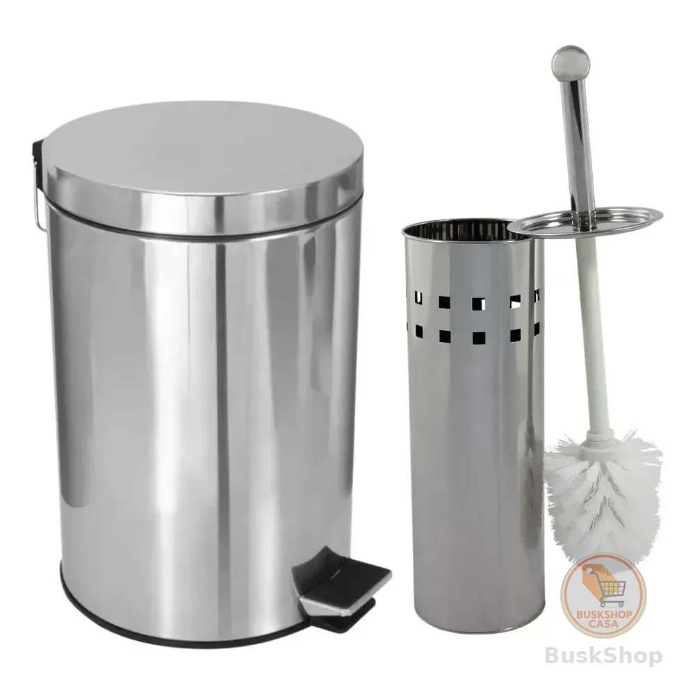 Cesta Lixo Lixeira Banheiro Metal Inox C/ Pedal + Limpador Prateado