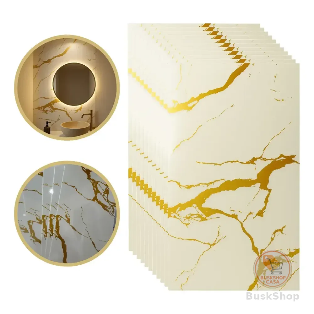 Kit 10 Placas Adesiva Mármore 3d Auto Colante Parede 60x30 Cor Dourado