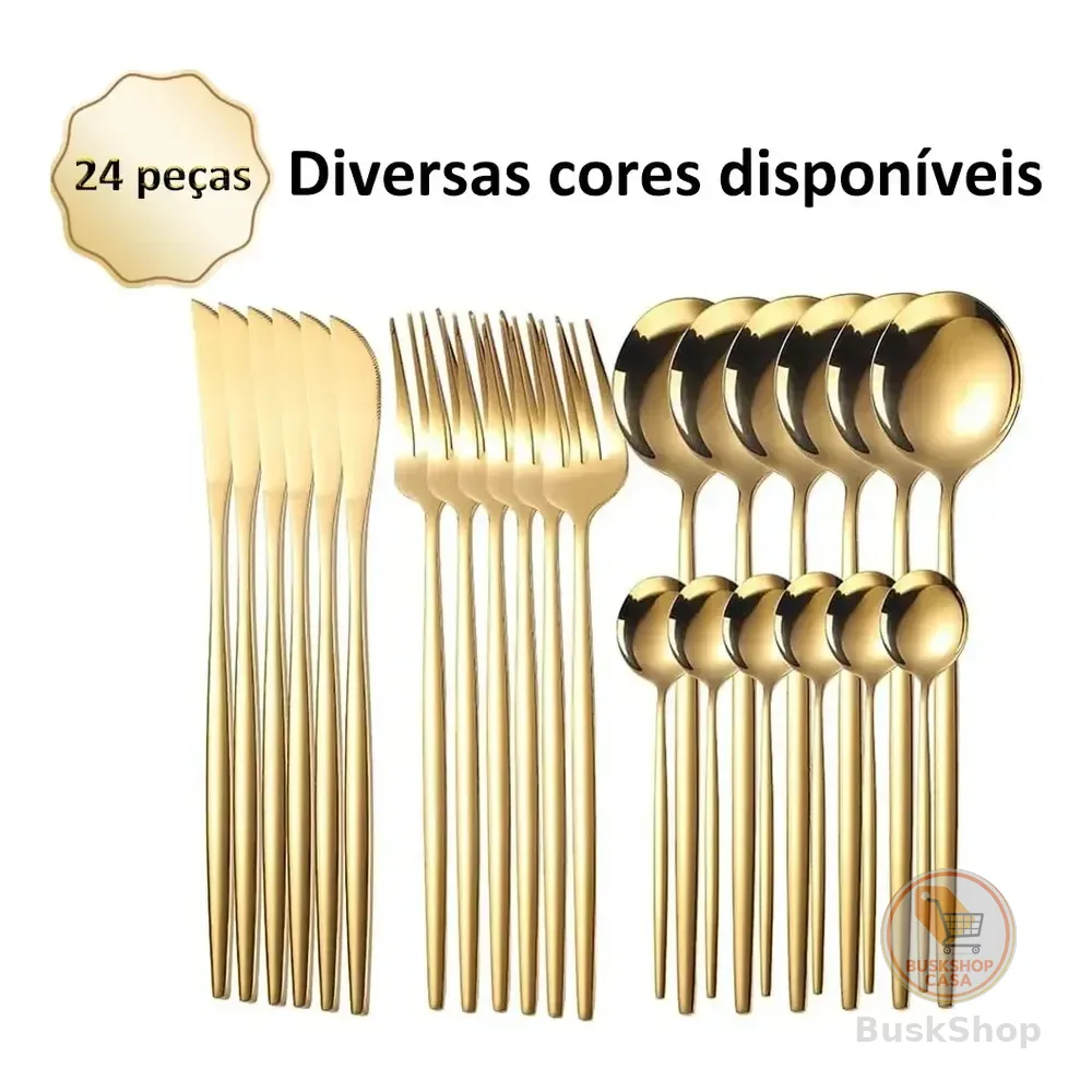 Faqueiro Kit Talheres Em Aço Inox Com Detalhe 24 Peças Dourado