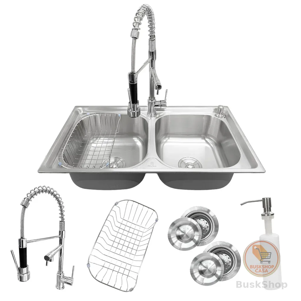 Kit Cuba Dupla Gourmet Cozinha Aço Inox 78x43 e Torneira Monocomando Luxo Completo