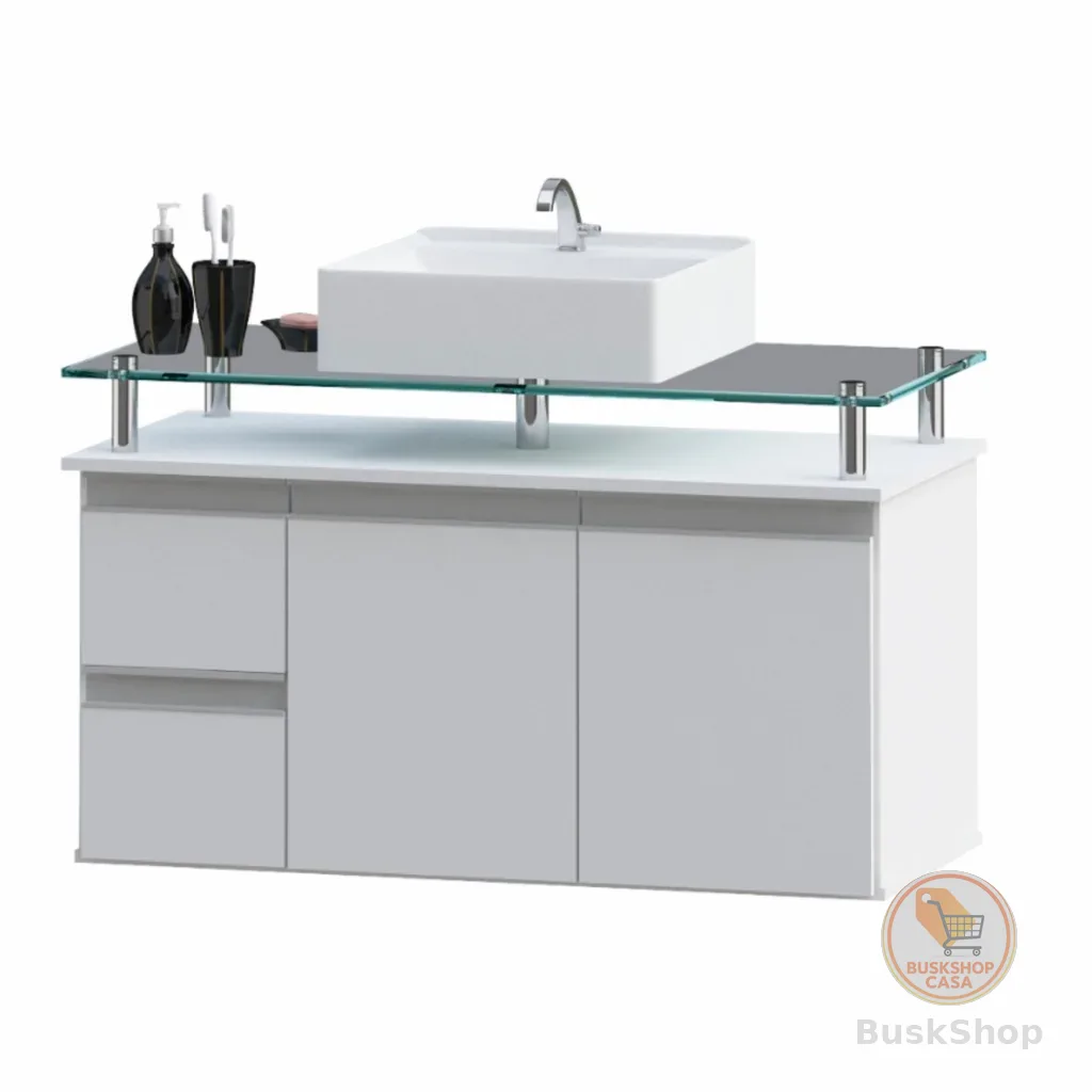 Conjunto Gabinete Banheiro Diamante 80cm MDF + Cuba + tampo de vidro temperado sem espelheira