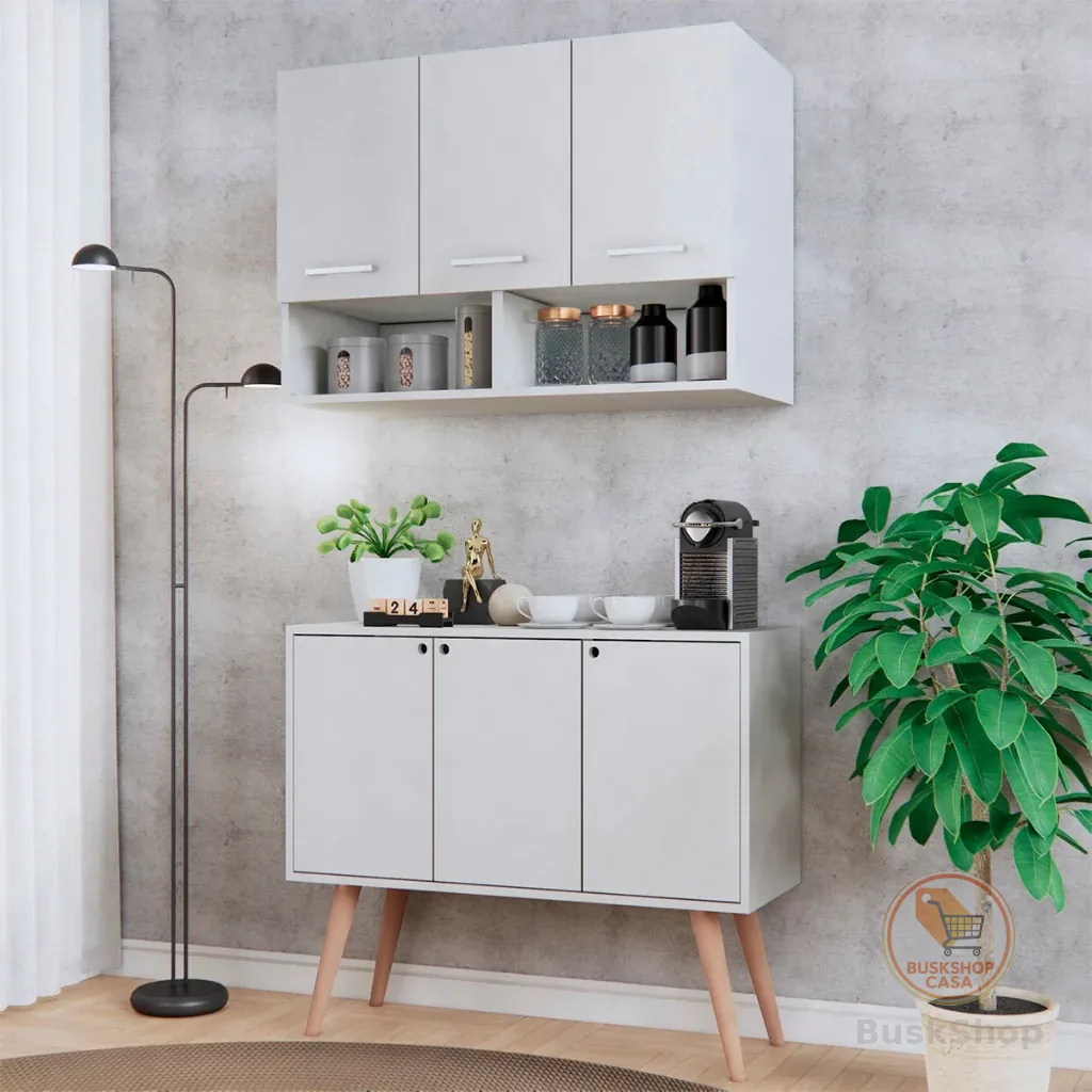 Kit Cozinha Armário 3 Portas + Balcão Multiuso Pés Madeira Organizador Móveis Bonatto