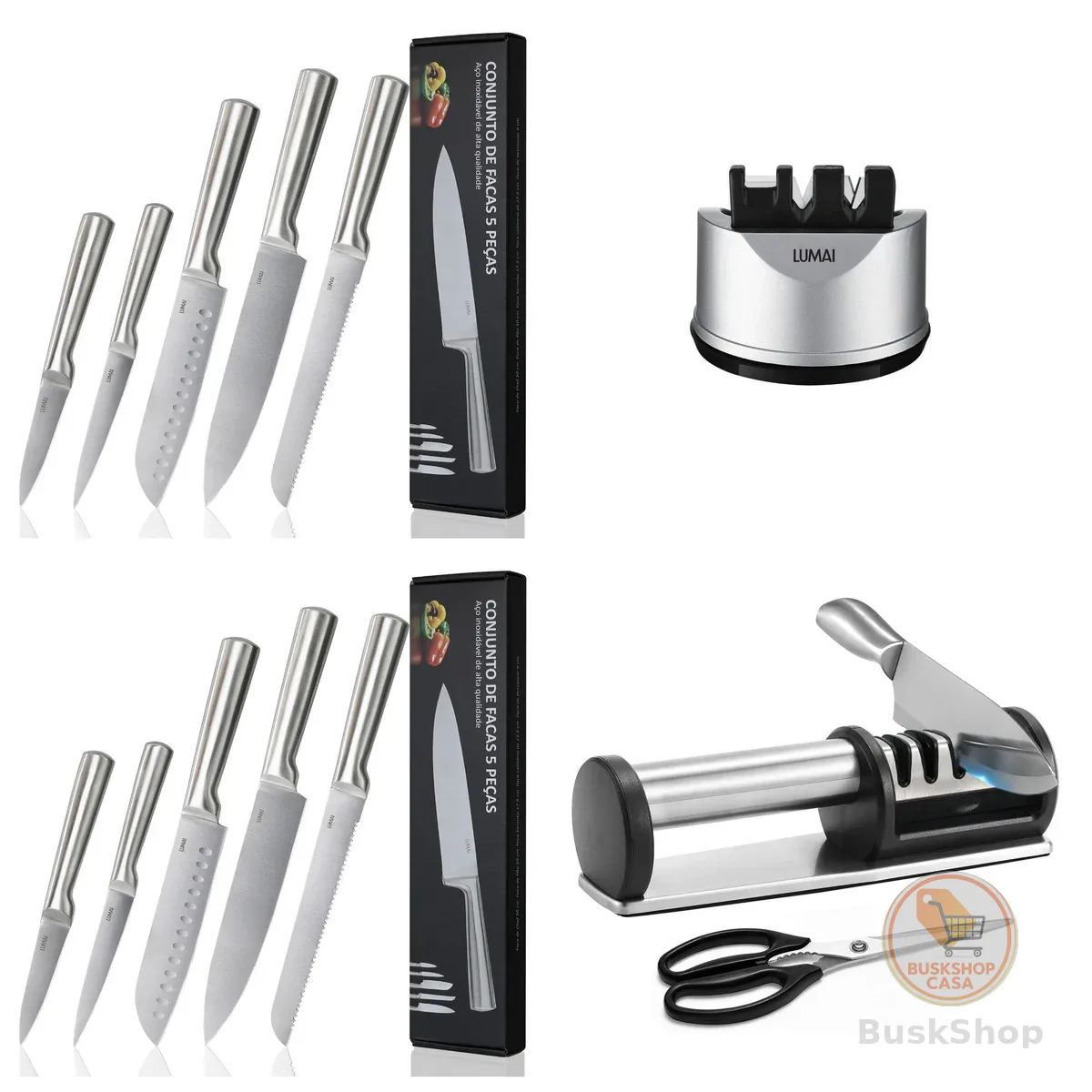 LUMAI Kit 5 Facas de Cozinha de Aço Inox Grandes com Afiador Amolador de Faca Original
