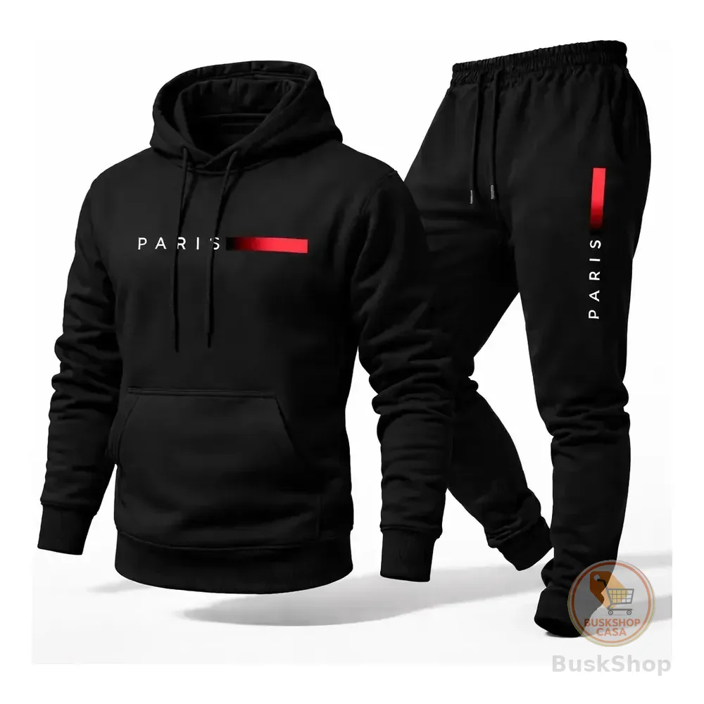 Conjunto Moletom Calça Unissex Paris Canguru Casaco Frio G Preto