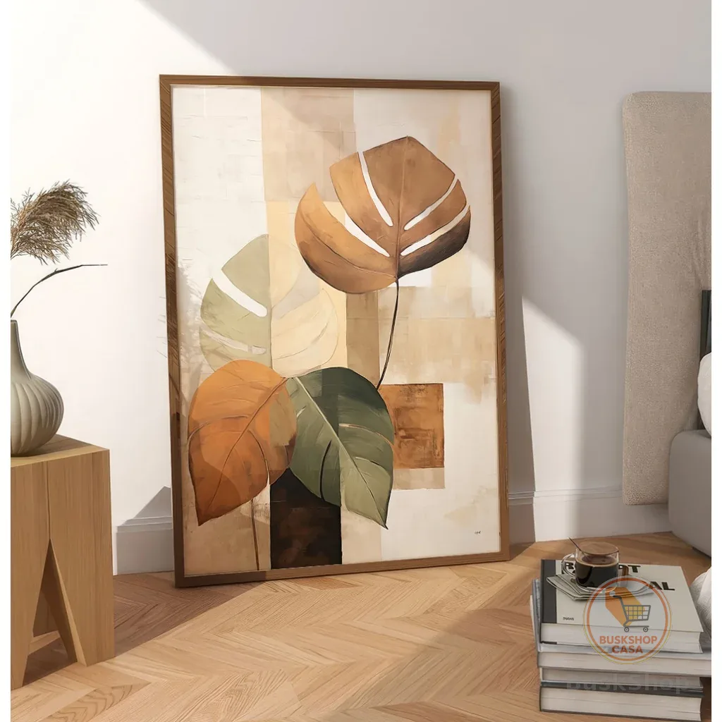 Quadro Decorativo Com Moldura Filete Sala Arte Pintura Abstrata Floral Costela De Adão Tons Terrosos