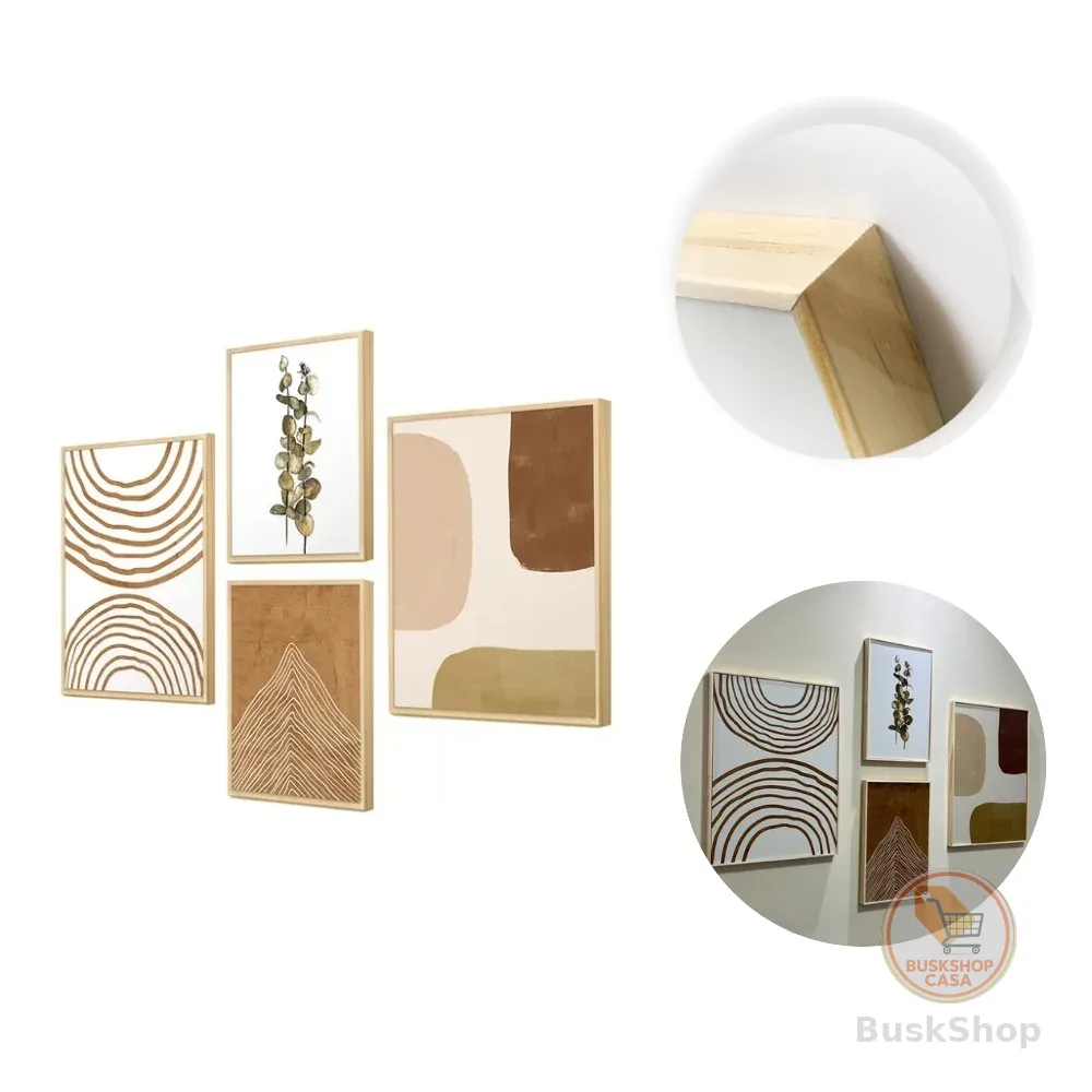 Kit 4 Quadros para Decoração Formas Boho Plantas Sala Escritório Formas Geométricas Tons Terrosos