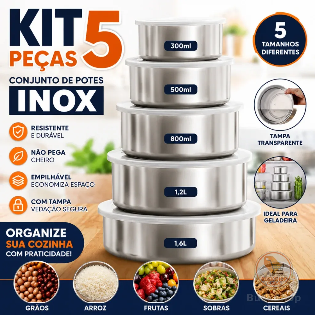 Kit 5 Potes Inox Com Tampa Redondo Porta Alimentos Cozinha Jogo Organizador Cozinha