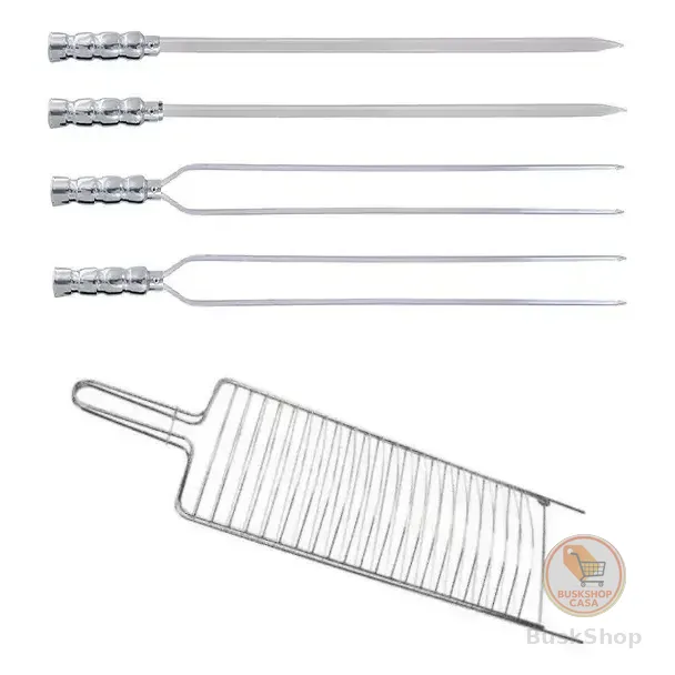 Kit Grelha Inox 4un Espetos 60cm Alumínio Churrasco