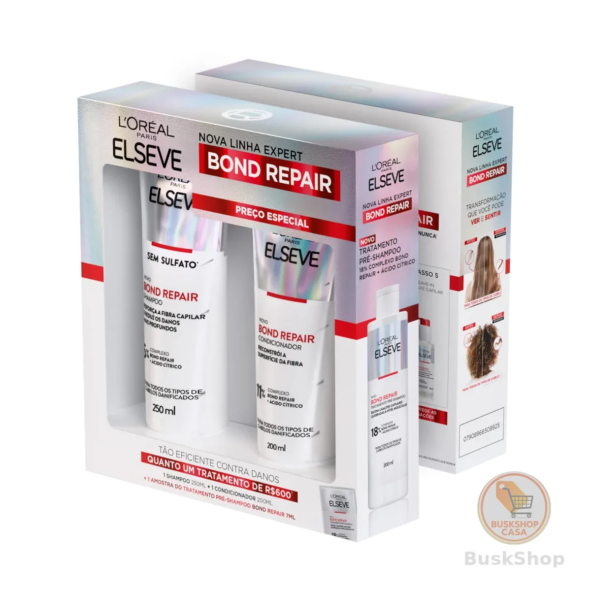L'Oréal Paris Elseve Bond Repair Kit Reparação Molecular com Ácido Cítrico para Cabelos Danificados, Reconstrói Ligações e Devolve Força (Shampoo + Condicionador + Sachê Pré-Shampoo)
