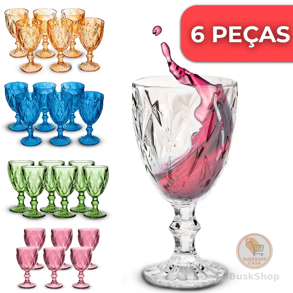 Jogo Taças De Vidro Diamond Lotus Bico de Jaca Sofisticada Para Água Suco Drinks Kit 6 Peças 340ml