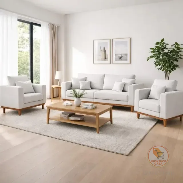 Kit 2 Poltronas Living + Sofá 3 Lugares Base Madeira Linho